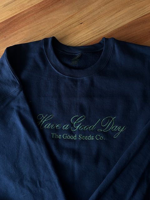 Embroidered Have a Good Day Crewneck in Navy